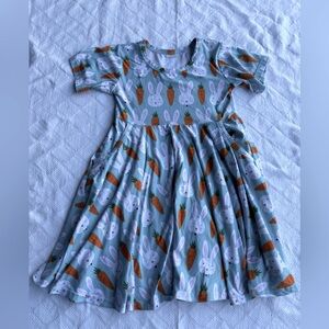 Girls Easter Bunny & Carrot Twirl Dress | Size 5–6T XL | Short Sleeve Pockets